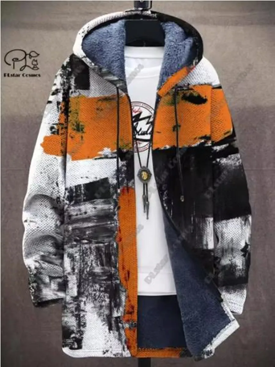 Capa masculina de inverno com zíper, padrão gradiente geométrico, estampa 3d, pelúcia, zíper grosso, capuz, neutro, rua, casual, jaqueta quente z0354