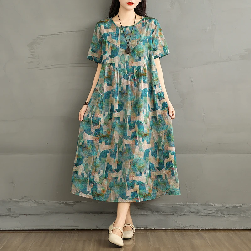 

Летнее новое платье больших размеров в стиле ретро из хлопка и льна, свободного кроя, с круглым вырезом, карманами, короткими рукавами, женское, приталенное, А-силуэт, удобное, повседневное.