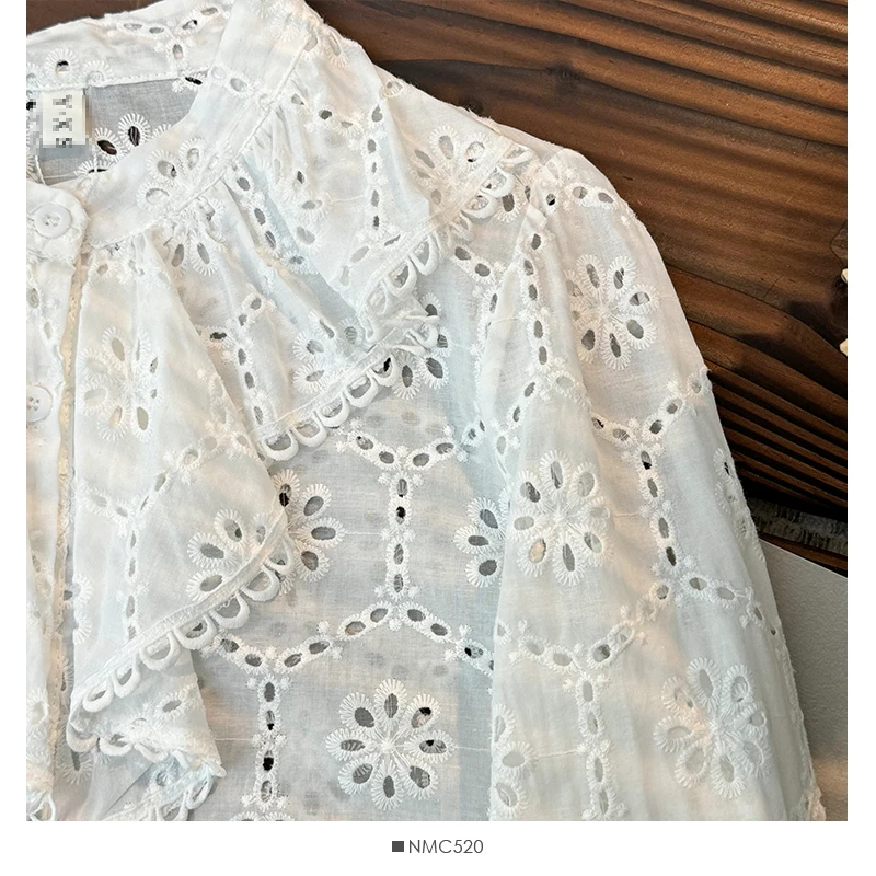 O-Hals Ruches Patchwork Zoete Witte Blouses Vintage Franse Lente Blusas Mujer Single-Breasted Borduurwerk Holle Shirts