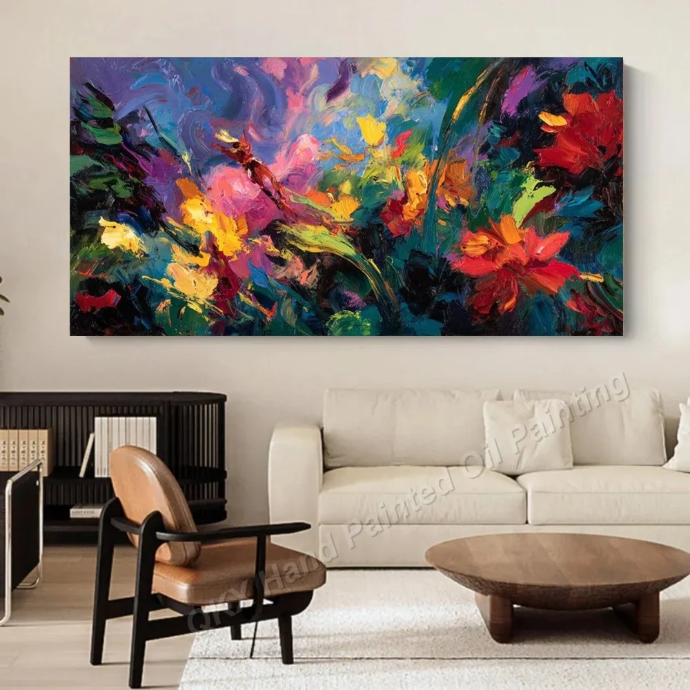 Impasto Handmade Oil Painting on Canvas - Abstract Floral Design Long Horizontal Wall Art Decor for Living Room Bold Color Style