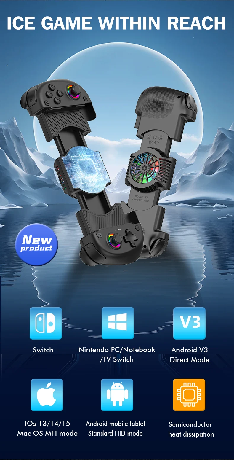 Manette de jeu portable X5 Mini avec système de refroidissement, manette sans fil avec joystick à effet Hall, gyroscope 6 axes pour iPhone/PC/Switch