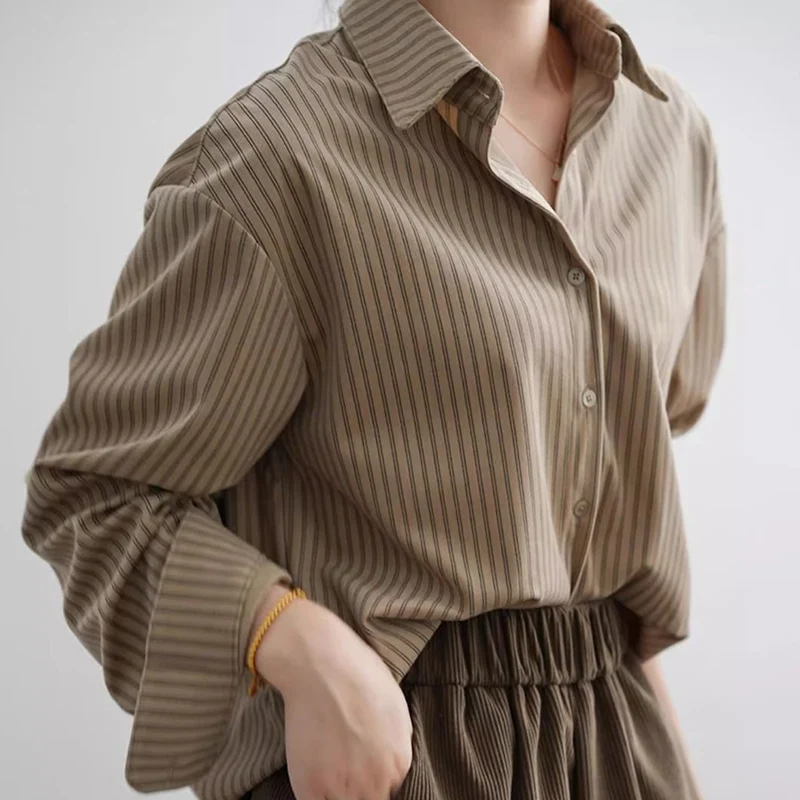 Retro Hong Kong Style Casual Comfortable Long Sleeved Striped Shirt Autumn New Fashion Elegant Loose Popular Versatile Lady Top