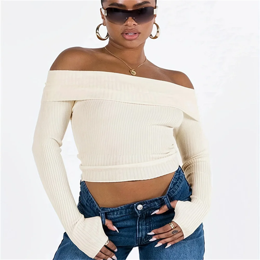 2024 Vintage Ribbed Knit Sweater Women Long Sleeve Off Shoulder Fitted Crop Top  Top with Thumb Hole Cute Jumper Top Knitwear