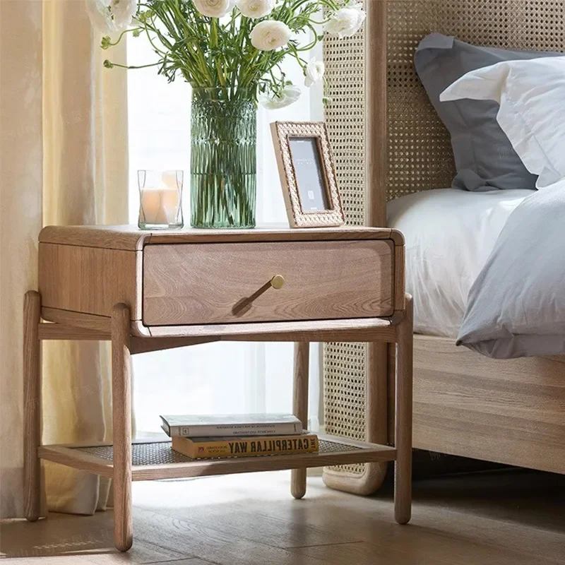 Table de chevet nordique en bois massif, meuble de rangement rétro simple en rotin, meuble latéral en rondins pour la maison B & B avec tiroir