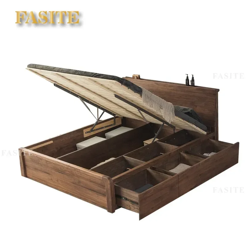 For North American Black Walnut Drawer Air Pressure Storage Bed Nordic Light Luxury Minimalist High Box All Solid Wood Floor