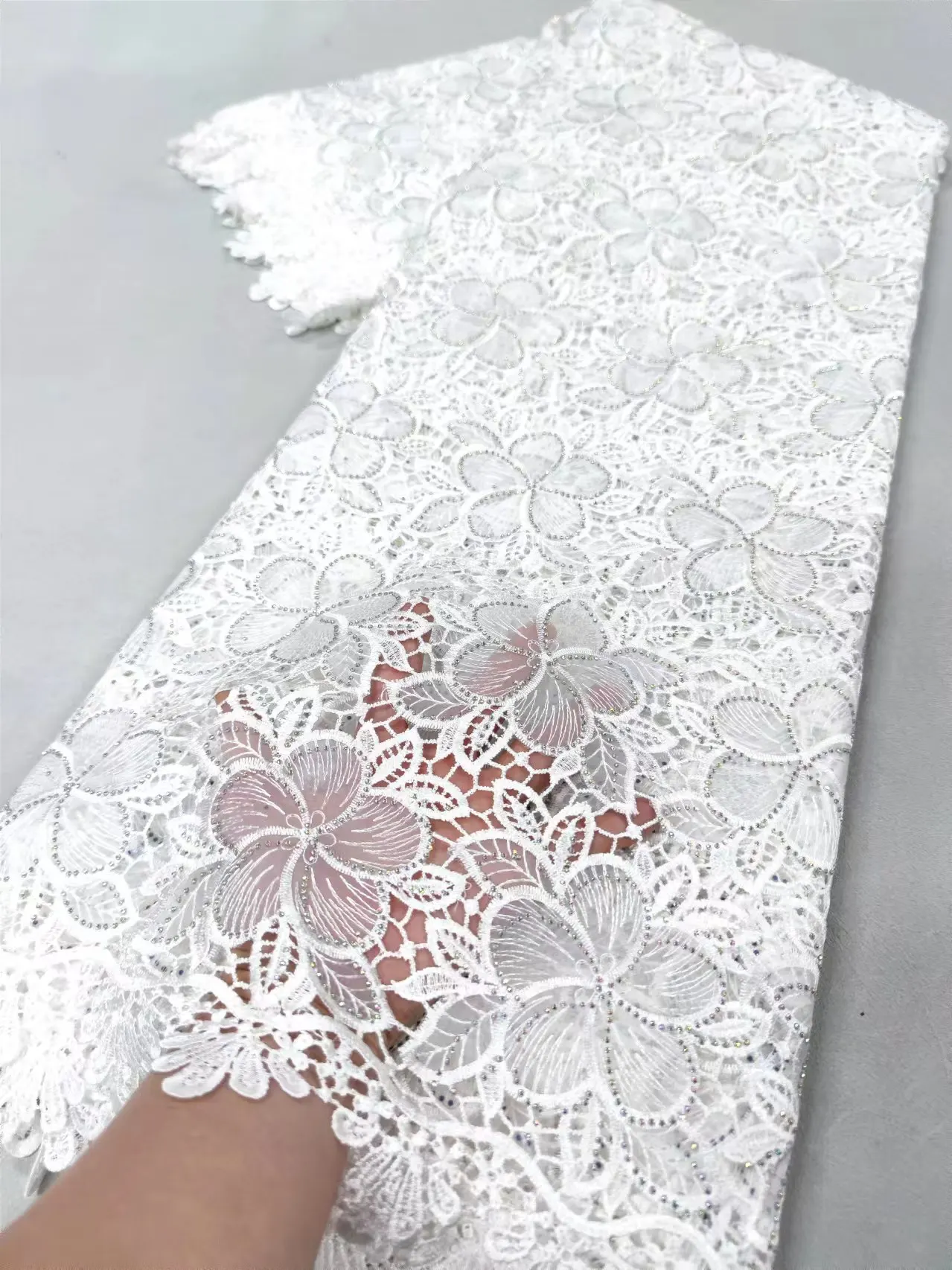 White High Quality African Nigerian最新 Chiffon Cord Lace Fabric with Stone Embroidery Sewing Organza Prom Dresses 5Yard Q8-1