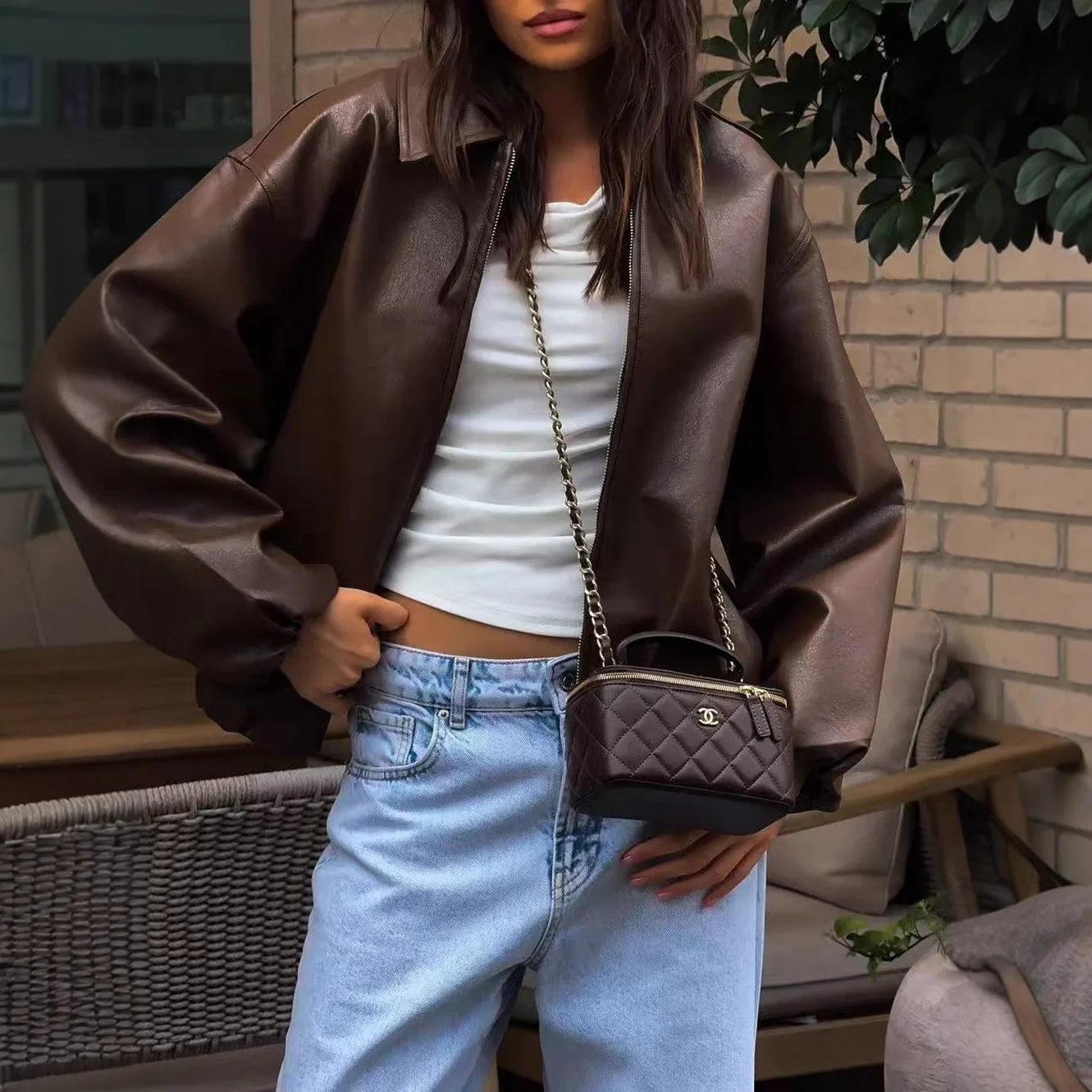 

Fashion PU Leather Zipper Lapel Jacket Women Autumn Winter Long Sleeve Loose Coats Streetwear Vintage Brown Bomber Jackets