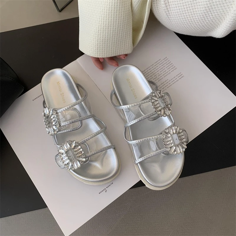 Platform Sandals 2023 Brand Rhinestone Shoes Ladies High Heels Double Buckle Band Slippers Woman Muffins Crystal FlipFlops Mujer