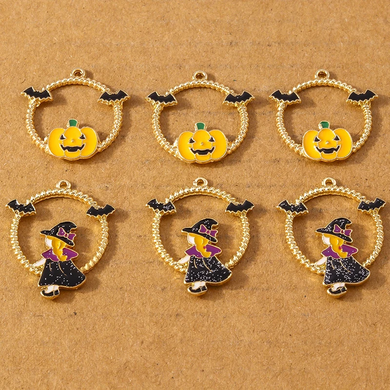 10pcs 23x29mm Cute Enamel Halloween Pumpkin Witch Charms Pendants for Jewelry Making Earrings Necklace DIY Accessories Supplies