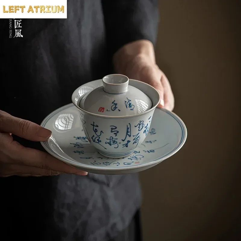 Hand-painted Cold Night Cover Bowl, Chinese Antique Kung Fu TeaSet Sancai Bowl Literati Tea Ware Ceramic Tea Bowl Tea Tableware