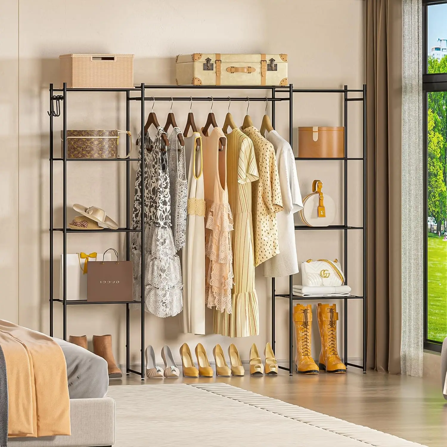 Portable Closet Wardrobe, Metal Clothing Rack with 8 Shelves & 1 Hang Rod, Free Standing Closet Rack for Hanging Clothes