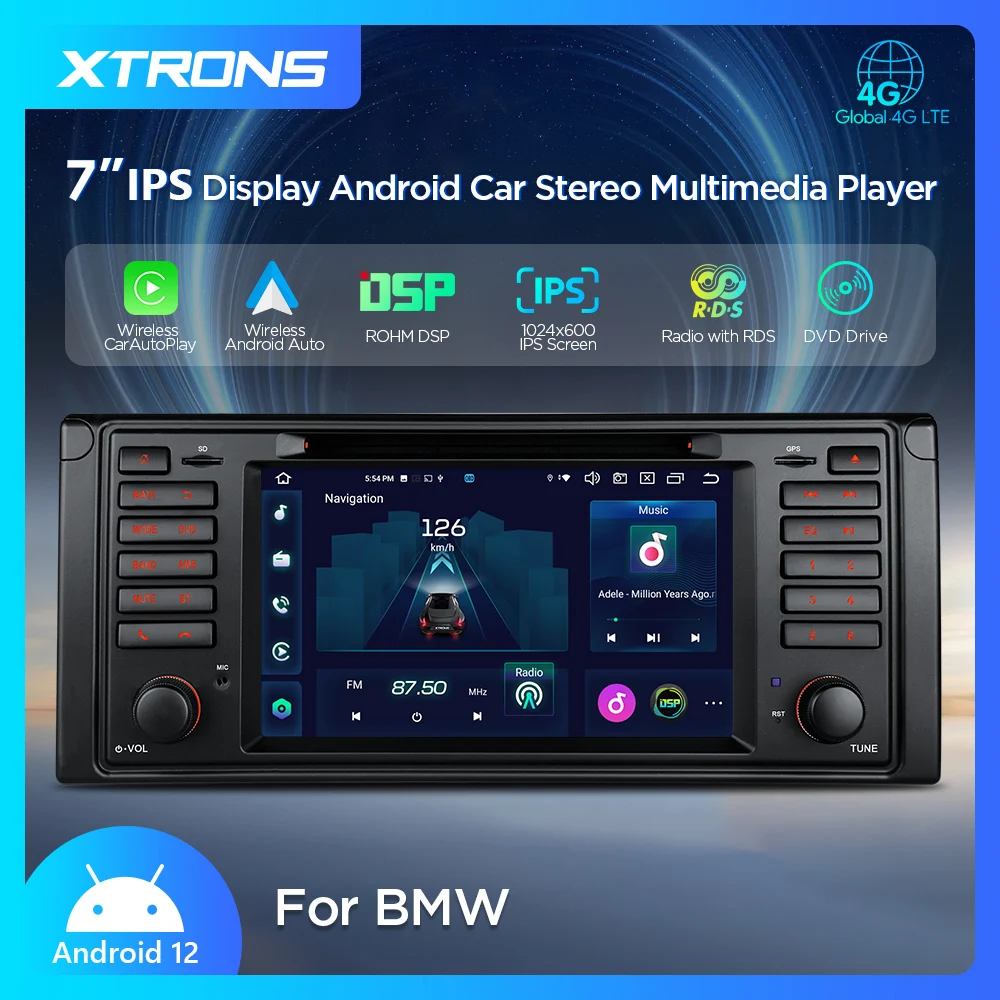 XTRONS 7'' Android12 Octa Core 8+128 Car DVD Multimedia Player for BMW E39 Car Radio Built-in 4G CarPlay WIFI AA ROMH DSP CANbus