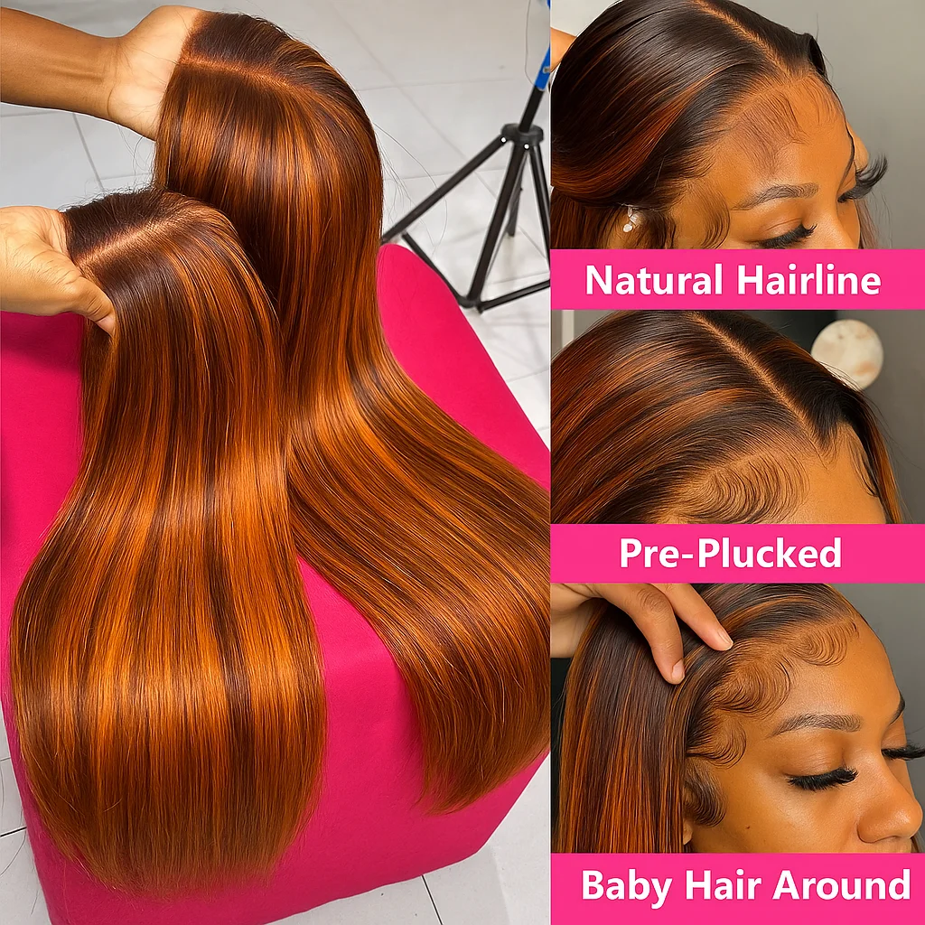 Wig Rambut Asli Warna Ginger Highlight Brown 5x5 HD Lace Glueless 200 Density, Model Lurus, Sudah Pre Plucked, Siap Pakai Untuk Wanita