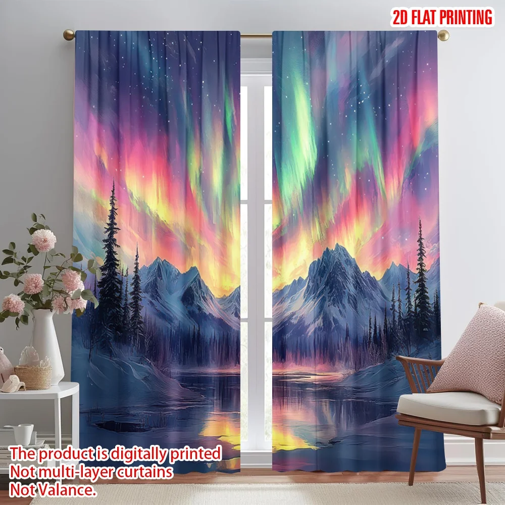

2D flat printing 2pcs Party Curtain Northern Over Mountains Digital Printed Polyester Drapes All Season Party & Holiday Decor