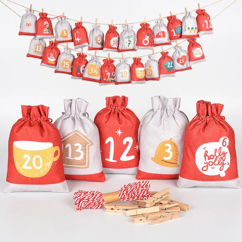 48pcs/lot 10*15cm, 13*18cm Christmas Arrival Calendar Number Pouches Linen Drawstring Bags Christmas Candy Gift Packaging Bag