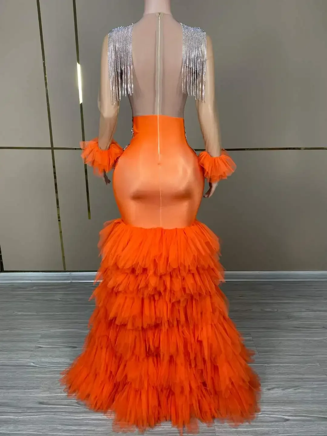 Orange Rhinestone Dresses Mesh Floor Long Dress Birthday Evening Prom Wedding Stage Wear Drag Queen