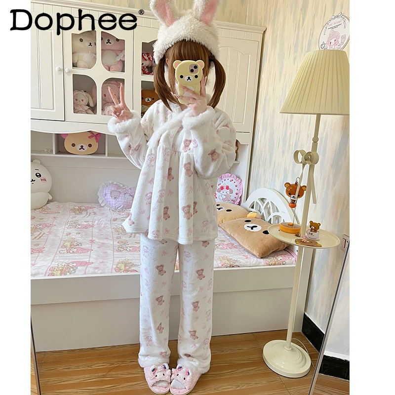 

Japanese Style Original Sweet Cute Warm Pajama Set Autumn Winter 2025 New Cartoon Kawaii Casual Wearable Homewear for Women