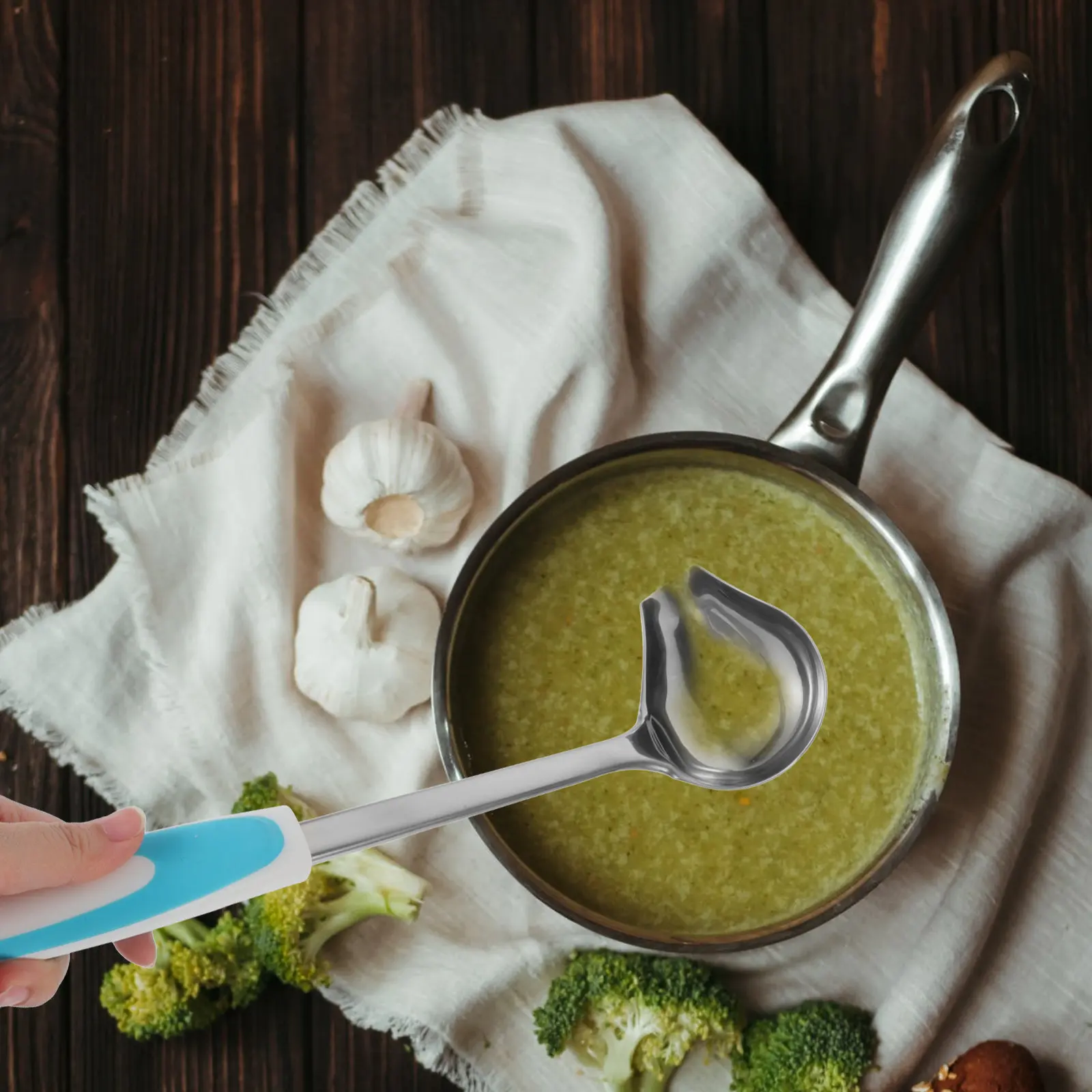 Cuchara de Sopa de Acero Inoxidable Antideslizante con Forma de Pico de Pato, Mango Ergonómico, Orificio para Colgar, Cuchara para Salsas, Aderezos y Aceite, Utensilio de Cocina para Buffet