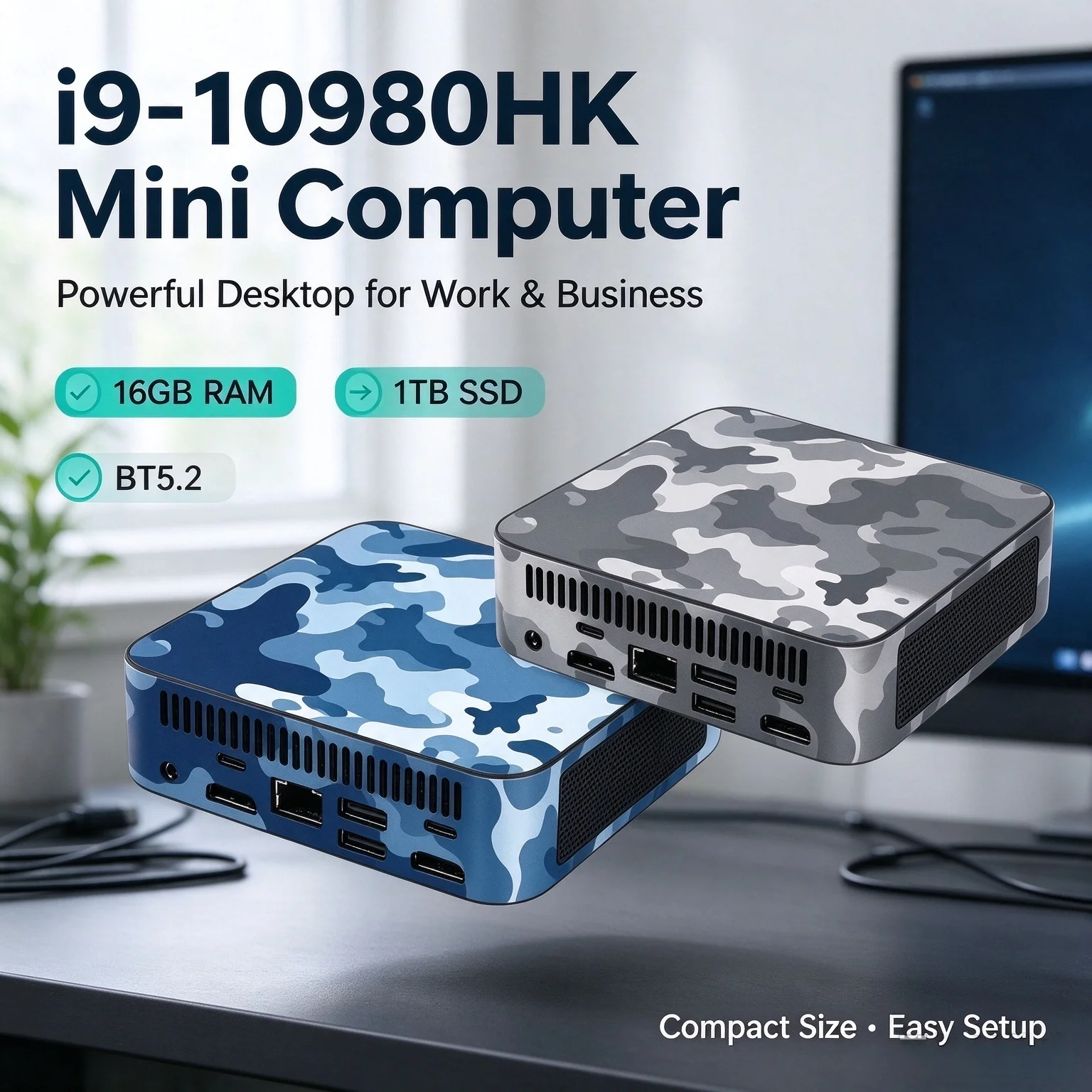 Mini PC Intel i9-10980HK Ultra Thin Mini PC 16GB DDR3 1TB 2TB NVMe SSD WiFi6 BT5.2 4K Resolution Portable Office Desktop