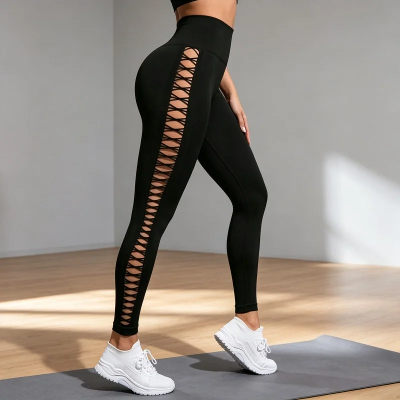 New sports style tie dye side hollow yoga pants, fashionable high waisted and hip lifting sports pants, seamless elastic tight