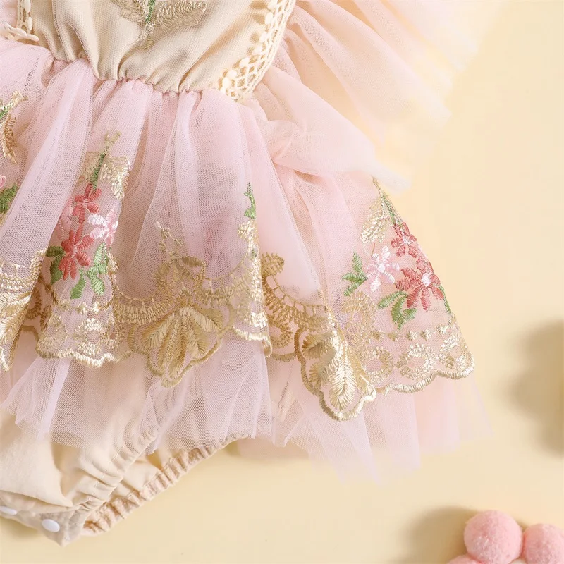 0-24M Newborn Baby Girl Boho Romper Dress Embroidery Flower Lace Tutu  Bodysuits with Headband Photography Princess Clothes