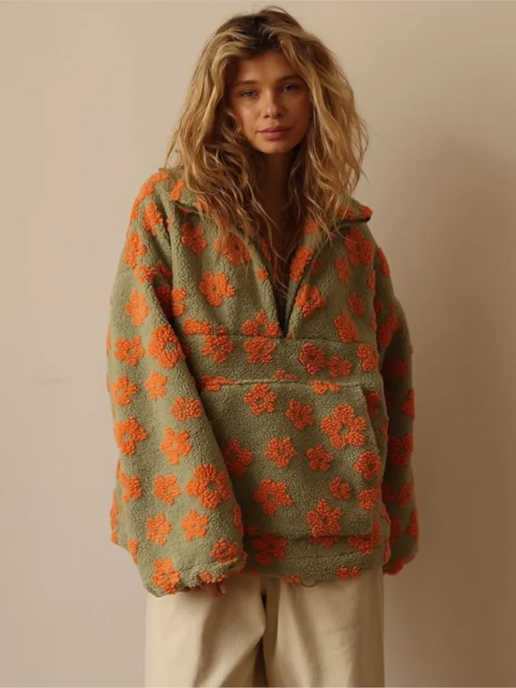 

New Floral Print Imitation Lamb Wool Hoodie Women's Long Sleeve Zip Pocket Loose Top Lady 2025 Autumn Autumn Casual Holiday Coat