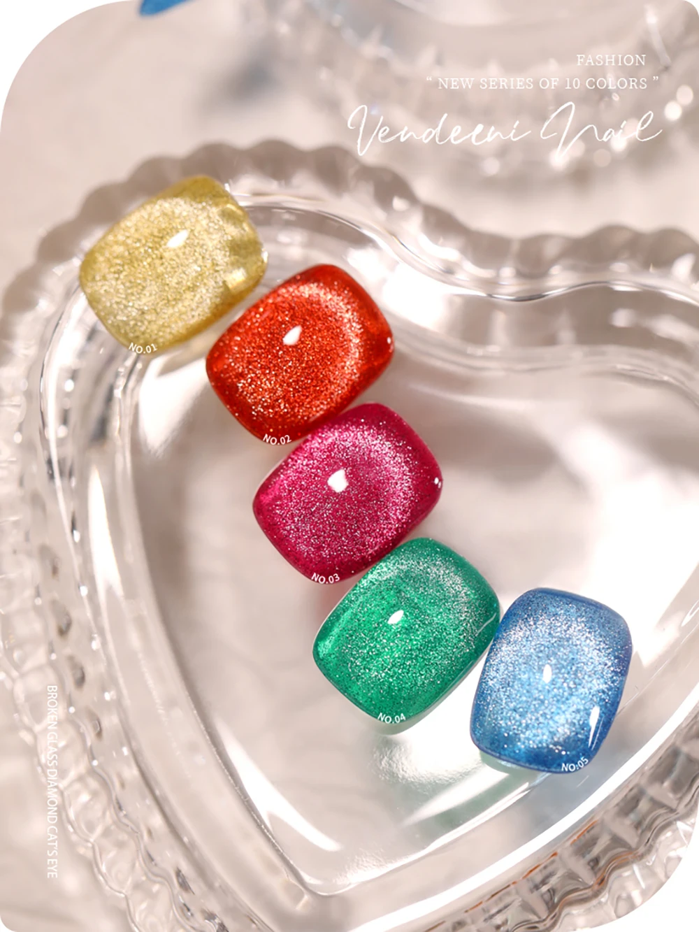 Vendeeni 10 Farben/Set Glitzer-Brocken-Diamant-Katzenaugen-Gel-Nagellack Regenbogen Magnetischer UV-LED-Katzenaugen-Gel-Lack mit Display – Detail 3