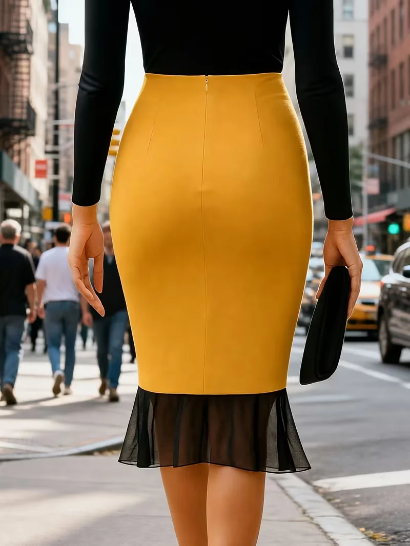 Women Wear to Work Pencil Skirts High Waist Colorblock Knee Length Elegant Slim Pencil Casual Bodycon Mermaid Skirt