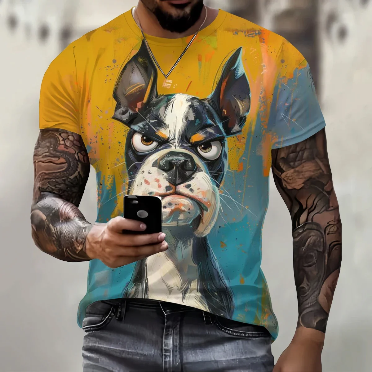 Men\'s 3D dog pattern fun T-shirt, round neck loose casual short sleeved shirt, fashionable and trendy clothing, summer oversized