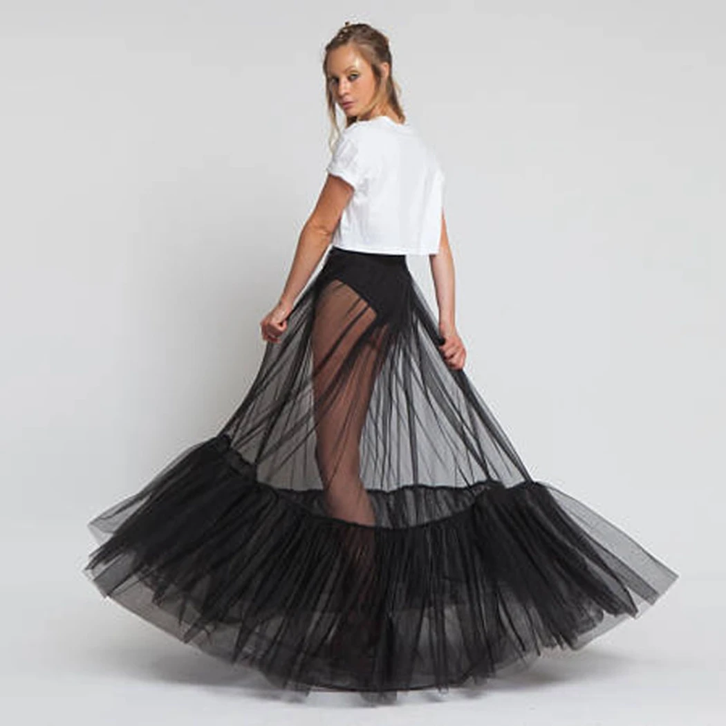 Sheer One Layer Black Maxi Skirt See Through Women Black Long Tulle Skirt with Unique Ruched Edge 2023 New Design No Lining