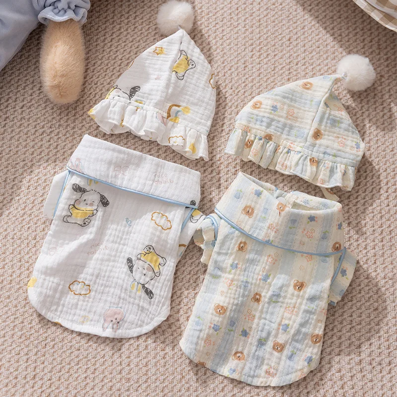 

Winter Dog Clothes Cartoon Print Maltese Pyjamas Gauze Teddy Warm Vest Bichon Frise Snap-Front Loungewear with Hat