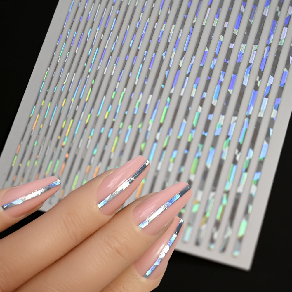 1pc French Line Nails Stickers Stripe Design Sparkly Laser Gold Silver Color Stripe Decals 3D Creative Geometry Manicure Tips