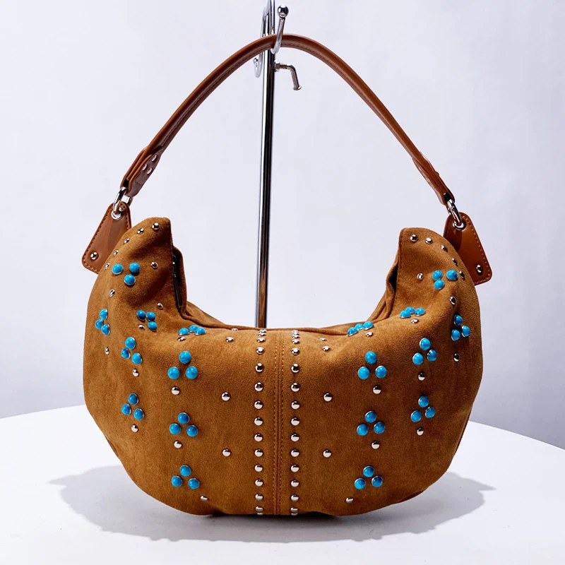 

Half Moon Faux Suede Underarm Bags For Women Luxury Designer Handbags Purses 2024 New In Vintage Rivet Pearl Shoulder Crossbody
