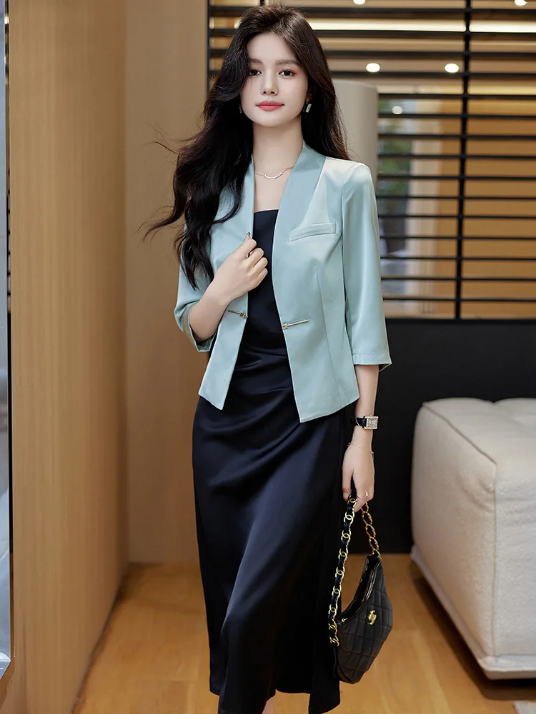 Light Green Short Suit Coat for Women Spring and Summer2023New Satin Three-Quarter Sleeve Leisure Suit Dress Two-Piece Set