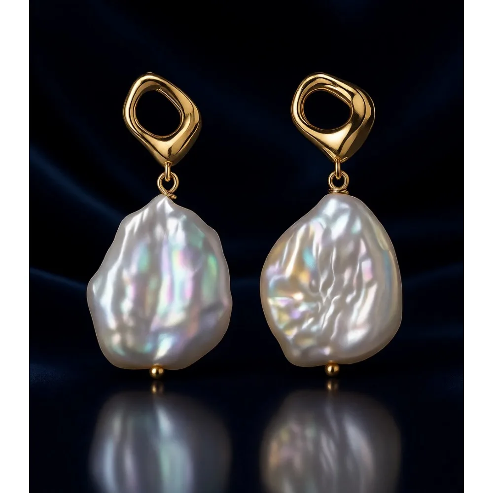 

Серьги-подвески с натуральным пресноводным жемчугом в стиле барокко, золотистого цвета, 3,7 см.