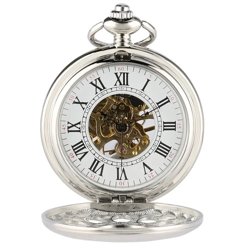 Exquisite Hollow Flowers Mechanical Pocket Watch Unisex Hand-Wind Fob Watches Roman Numerals reloj de bolsillo Pendant Chain