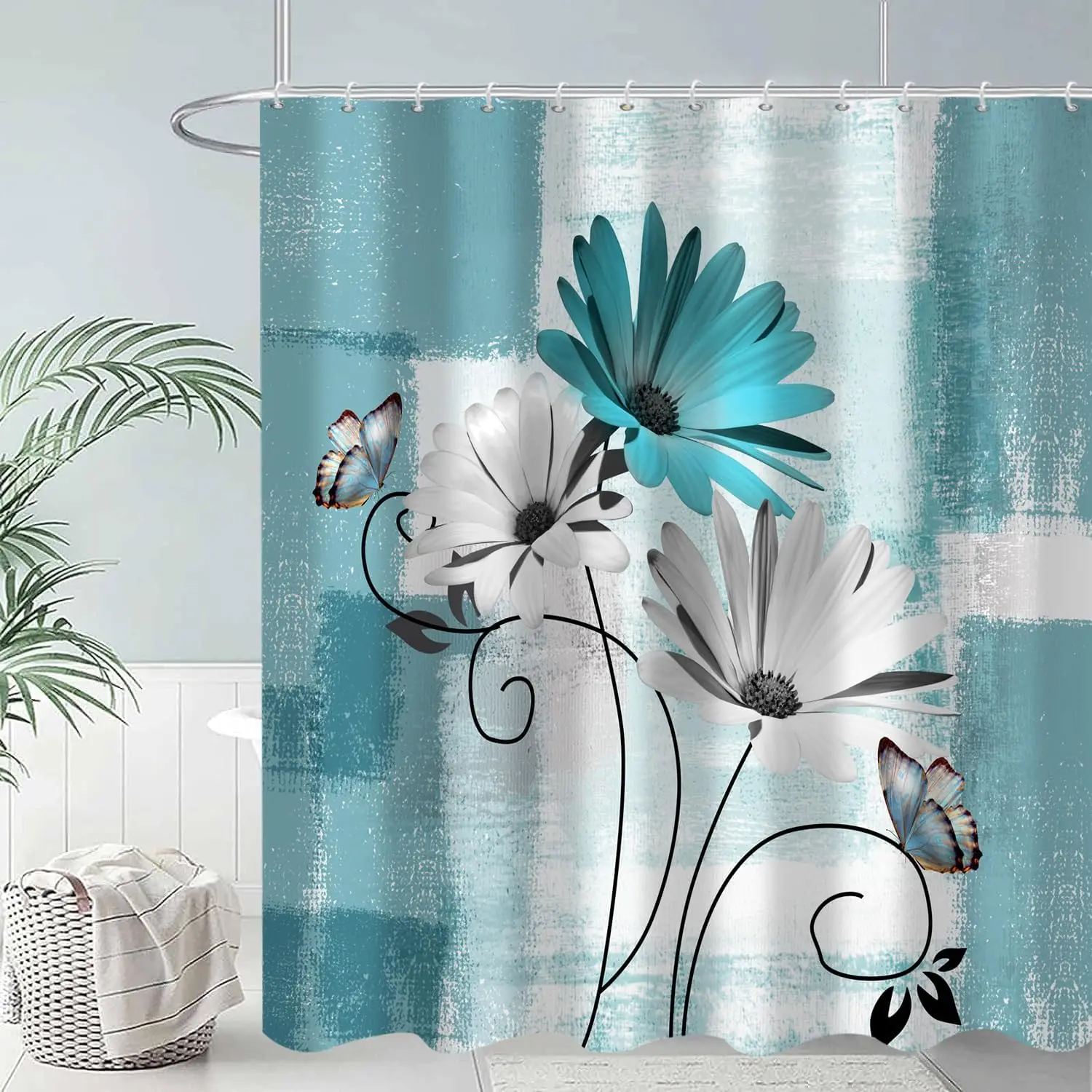 Waterproof Floral Shower Curtain Liner Blue Watercolor Blossom Design for Modern Bathroom Shower Curtain Decor Household Decorat