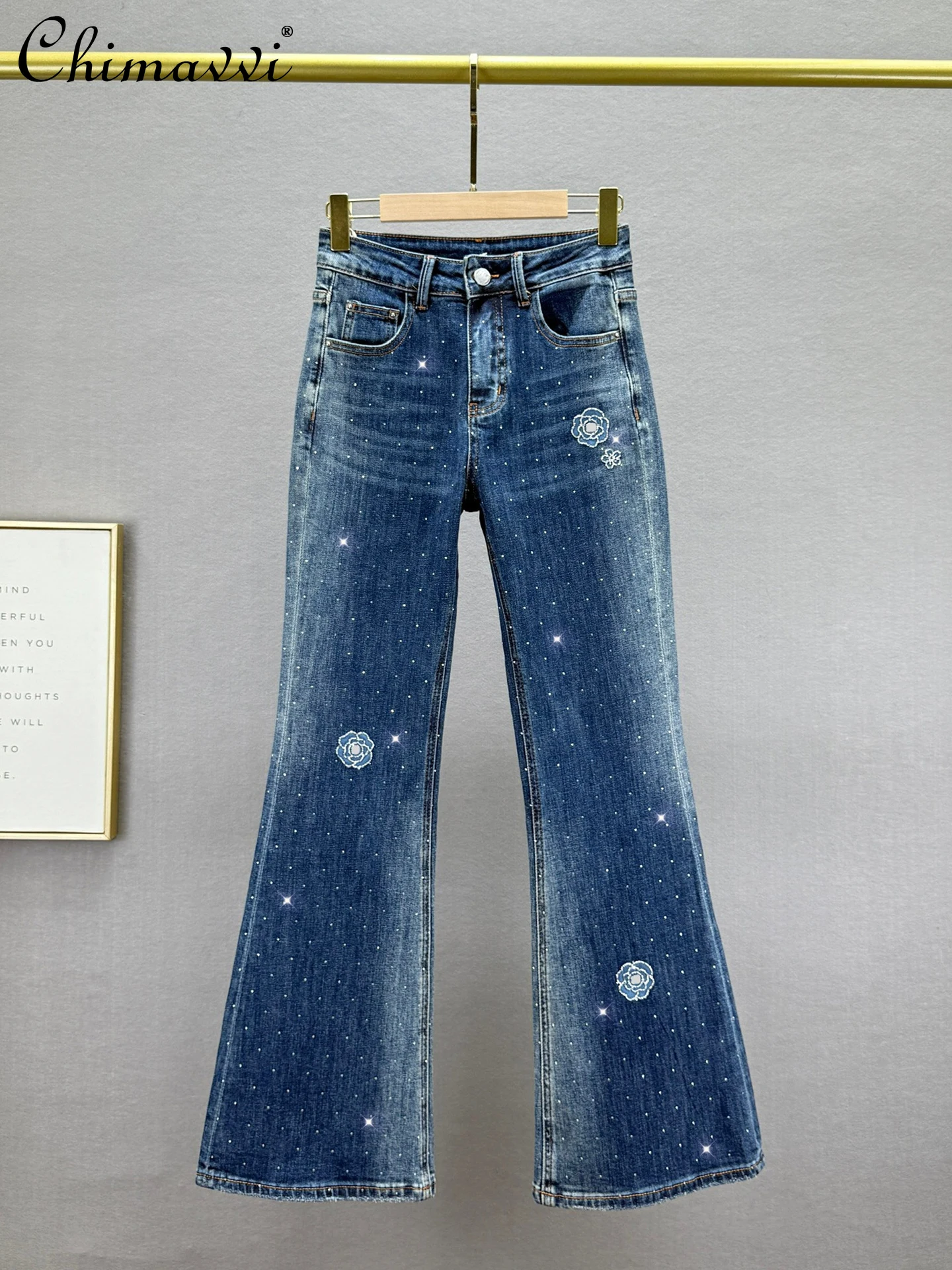 

Heavy Rhinestone Denim Flared Pants for Women 2025 Autumn New Fashion Elastic High-waisted Slim Jeans European Style Long Pants