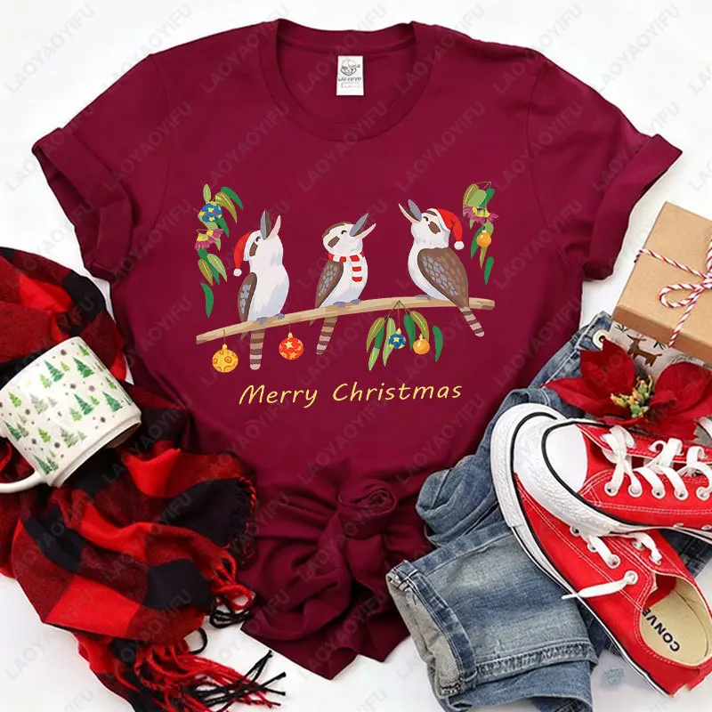 المرأة الأسترالية كوكابورا الطيور تي شيرت مطبوع عيد ميلاد سعيد الأسترالية موضوع بلايز بلوزة غير رسمية لملابس حفلة عيد الميلاد #6