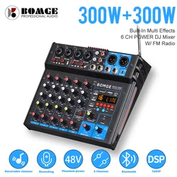 BOMGE 6 Channel Power Karaoke Stereo Amplifier Audio Mixer Sound Interface Mixing Console 600W Bluetooth USB MP3 FM Radio Home