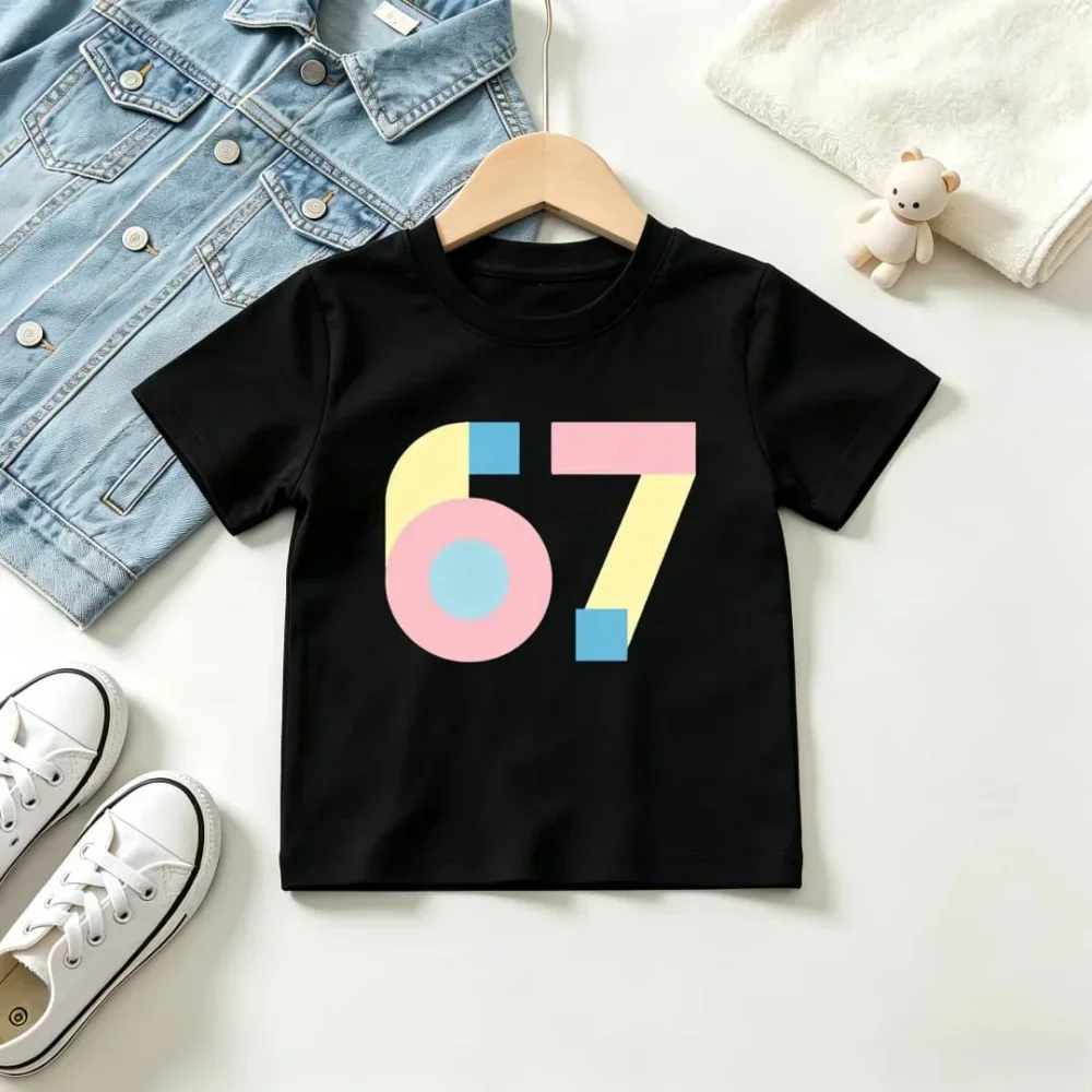 Kids Short Sleeve T Shirt Modern Pastel Color Block Geometric Number 67 Graphic Print Crew Neck Tee Minimalist Trendy Casual Top
