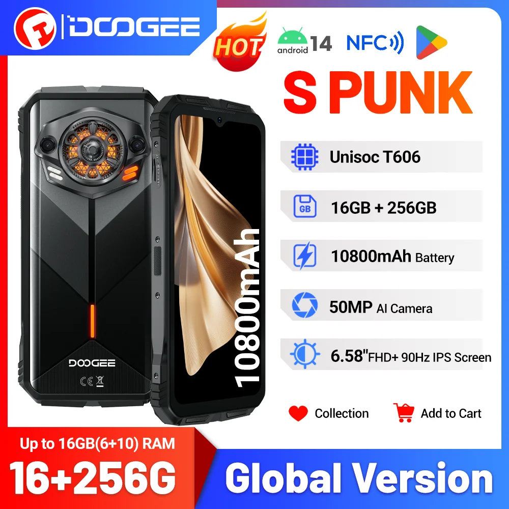 العالم Premiere DOOGEE S Punk وعرة الهاتف LED تأثير الضوء 6.58 "6GB + 256GB 34mm السعة الكبيرة المتحدث أندرويد 14