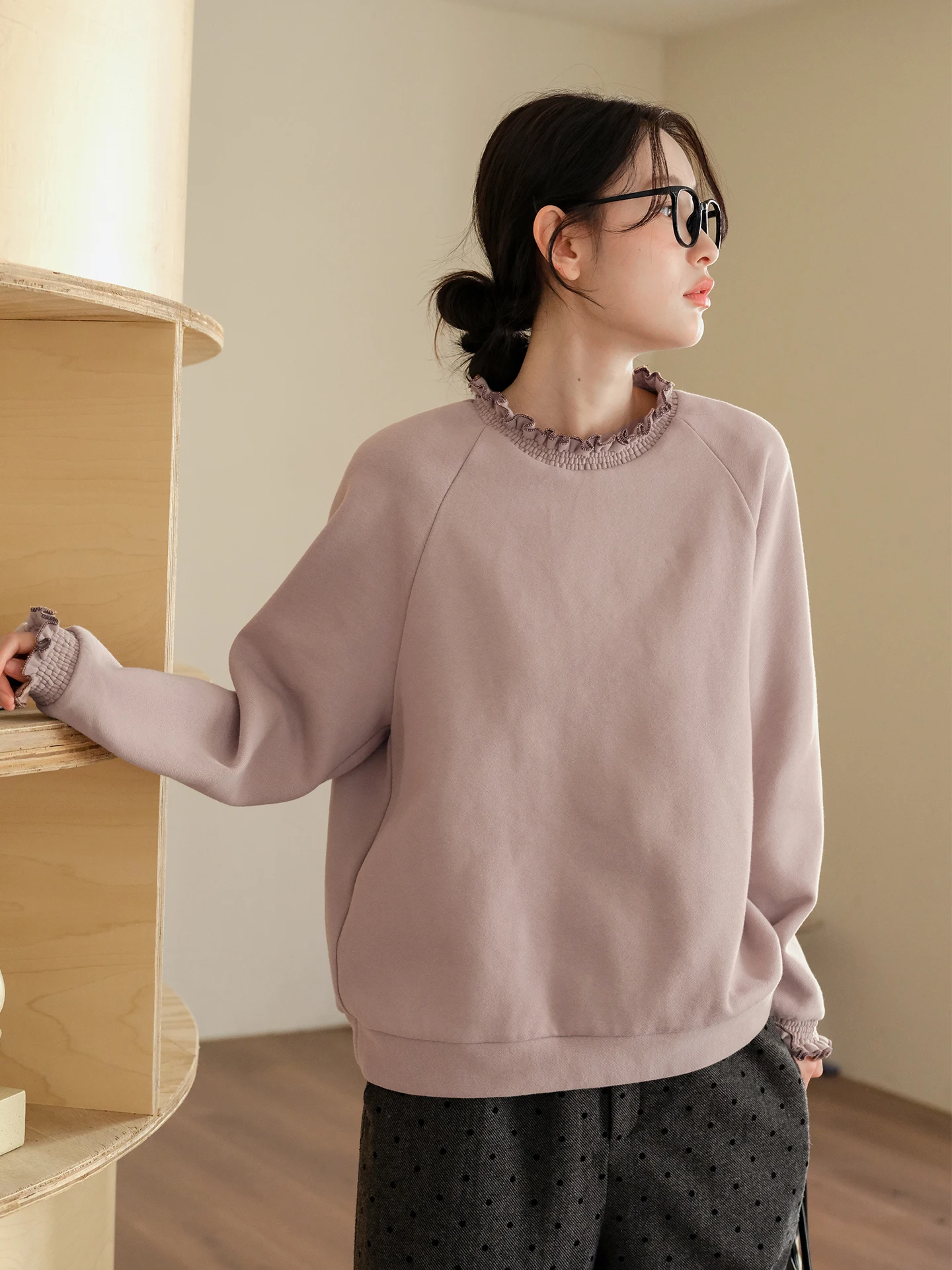 

Thiened Fce Cotton Sweatirt Women's Casual Top Lace Collar Spring Leisure Clothing Soft Cotton Long Sve Hoodie