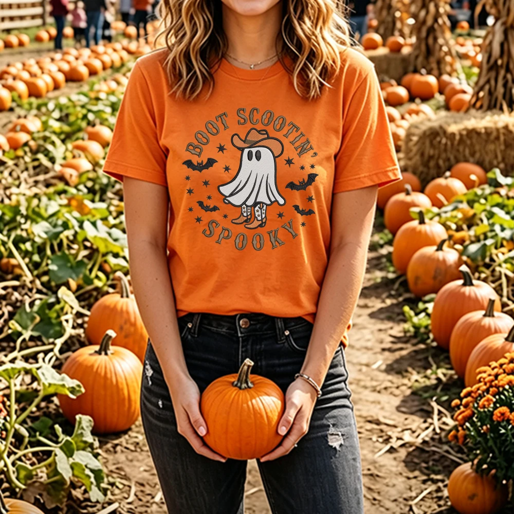 Boot Scootin Spooky Western Ghost T Shirt Unisex Halloween Cowboy Graphic Printed Tee Women Men Fall Autumn Pumpkin T-Shirt