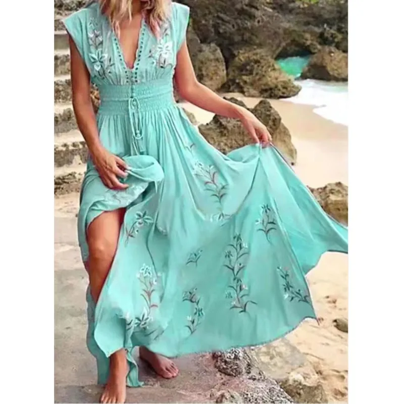 2024 New Summer Women\'s Deep V-neck Beach Bohemian Print Dress Ladies Sleeveless Sexy High Waist Lace-up Holiday Maxi Dress