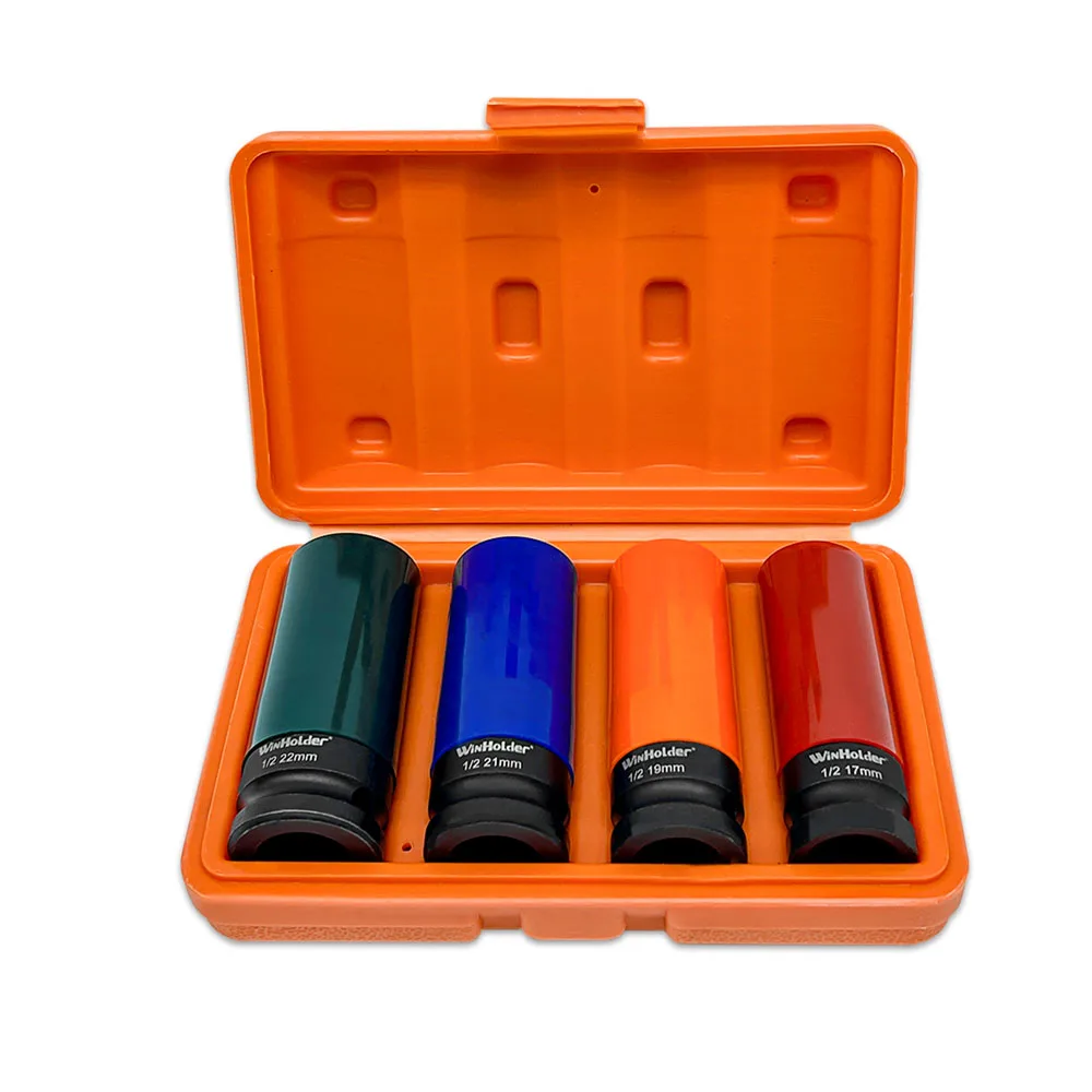 4PCS Wheel Lug Nuts Socket Tire Socket Set Thin Wall Impact Sockets with Orange Case for Cars Trucks SUVs 17mm 19mm 21mm 22mm