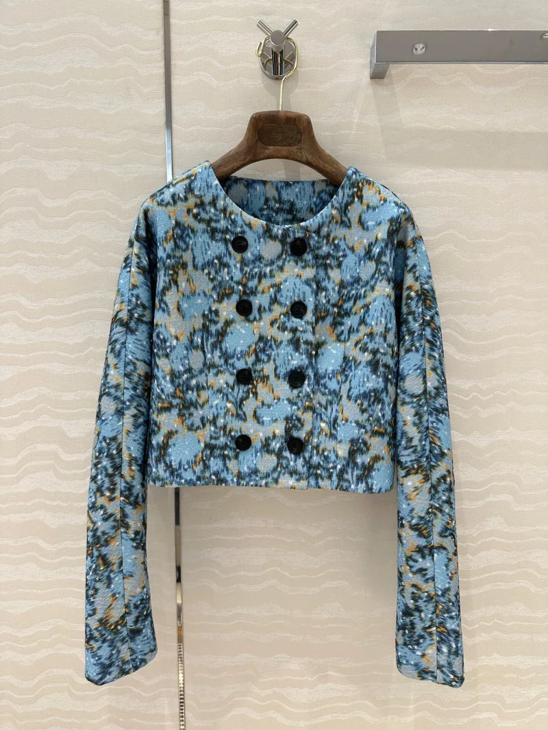 2024 Autumn/Winter Women's Blue Jacquard Round Neck Coat with Double breasted Elegant Retro Office Women's Coat Luxury Top