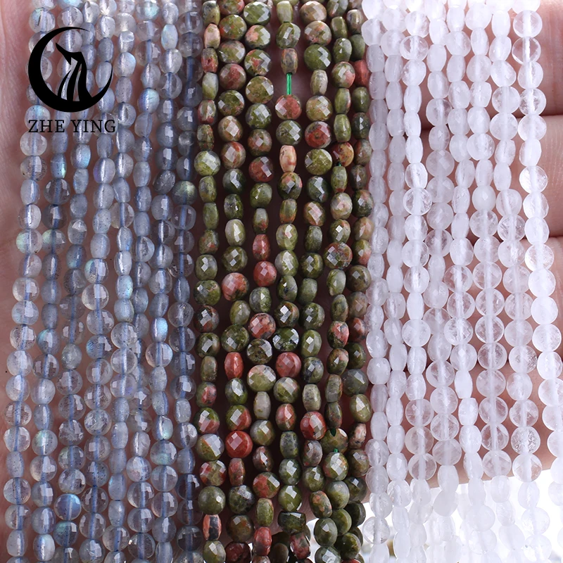 New 4mm Faceted Round Coin Stone Beads Natural Labradorite Prehnite Apatite Loose Spacer Flat Beads Charm For Jewelry Making DIY