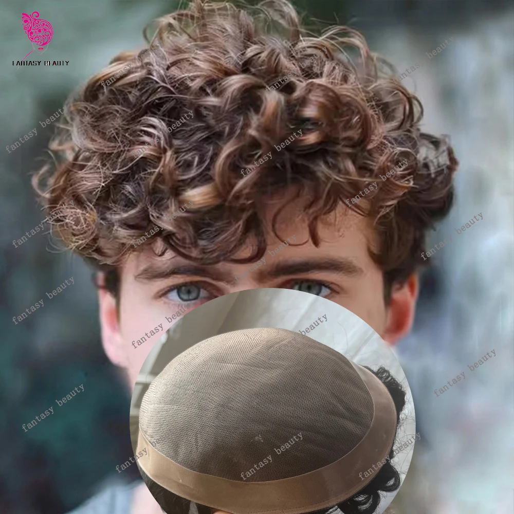 

Cheapest Strong NPU Mono 20mm 25mm Curly Brown Blonde Human Hair Men Toupee Super Durable Natural Hairline Breathable Man's Wigs