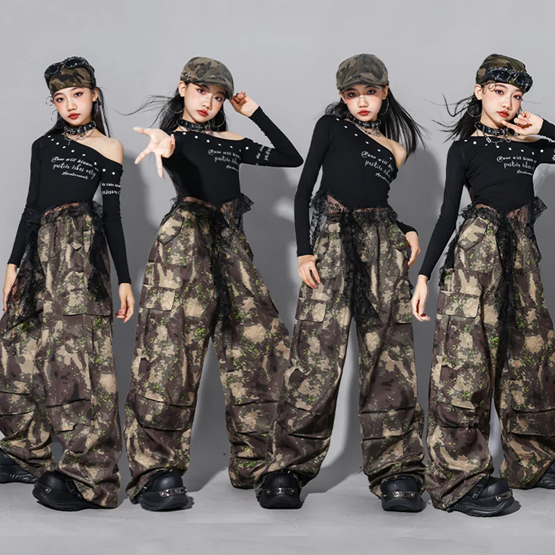 

Jazz Kpop Dance Costume Girls Performance Clothing Black Crop Top Camouflage Pants Kid Hip Hop Outfit Street Dancewear AMY2913